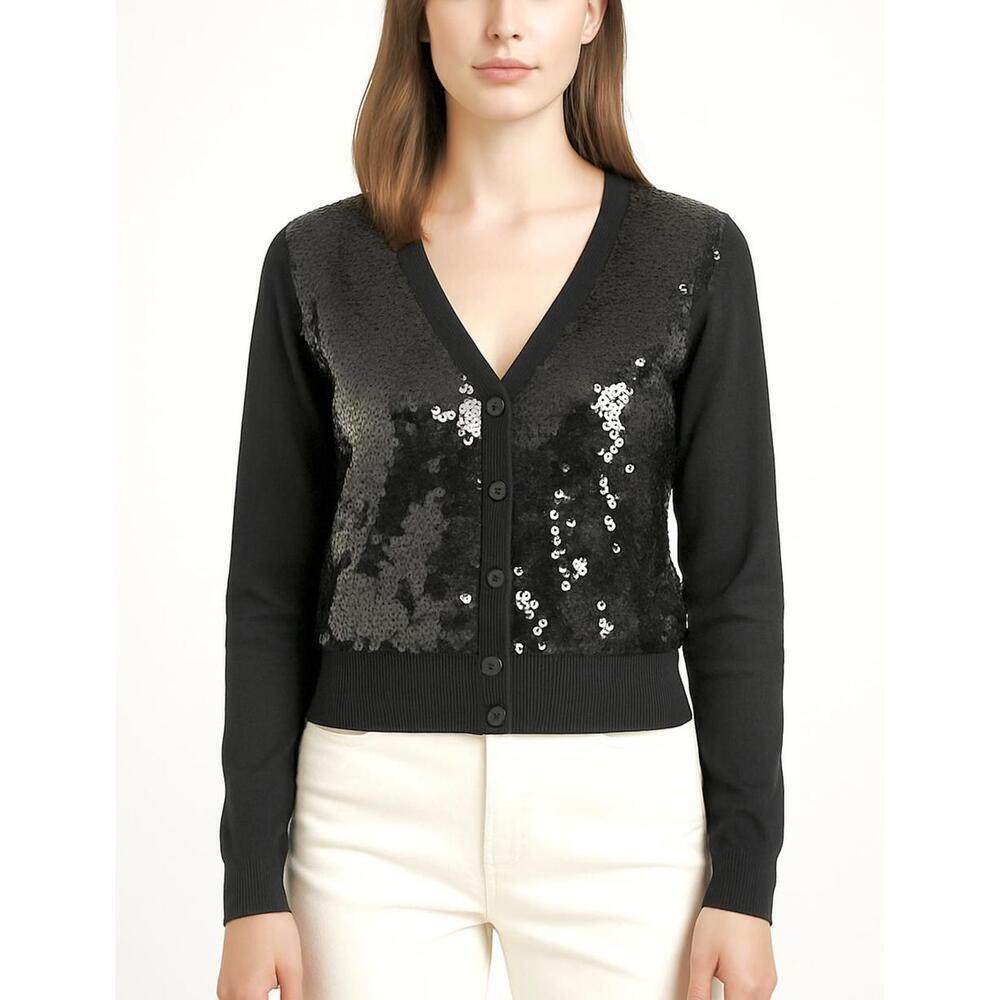 Michael Kors Black Sequin Cardigan Sweater M Glam Party Cropped Knit Party Glam